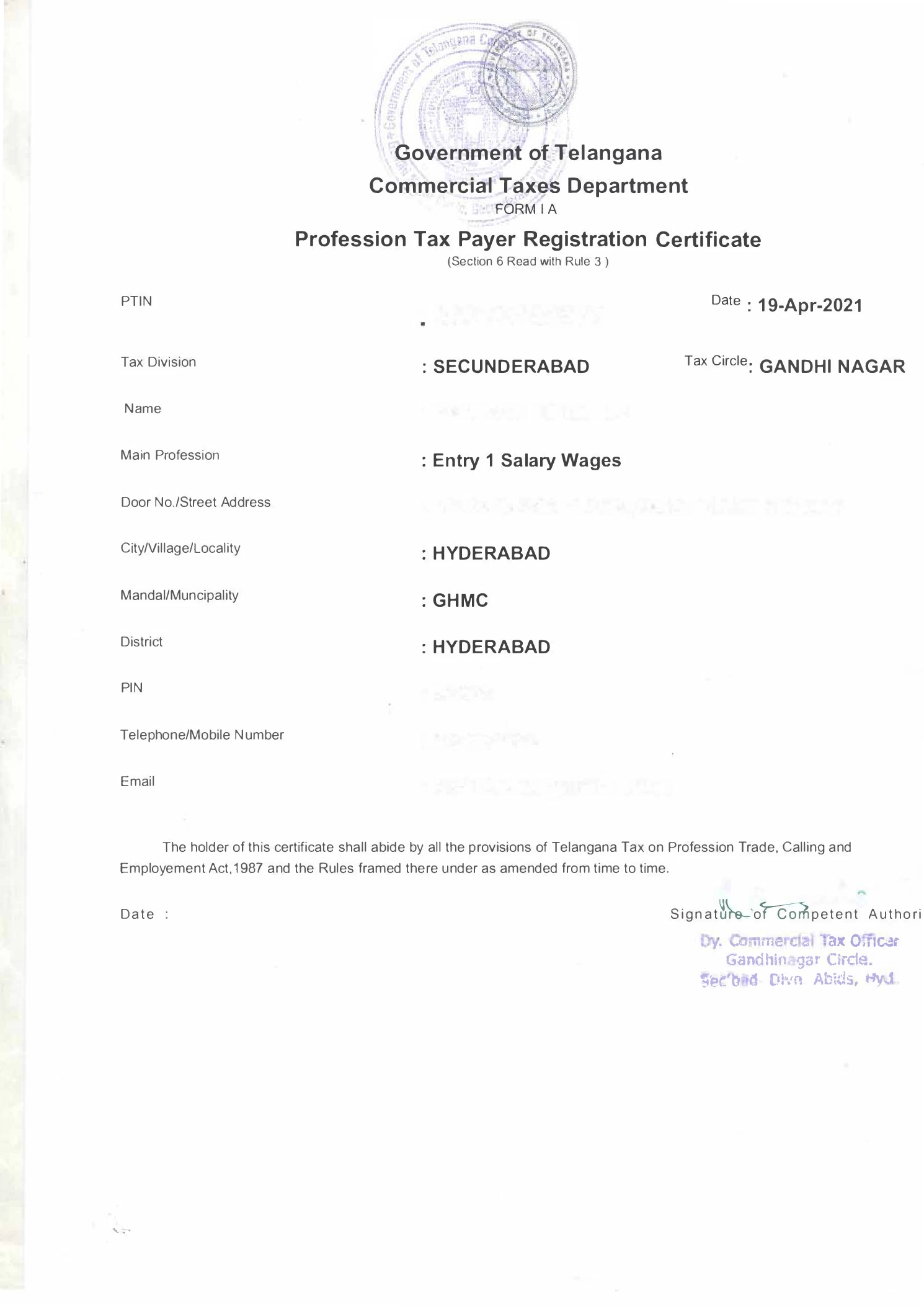 PT Certificate format