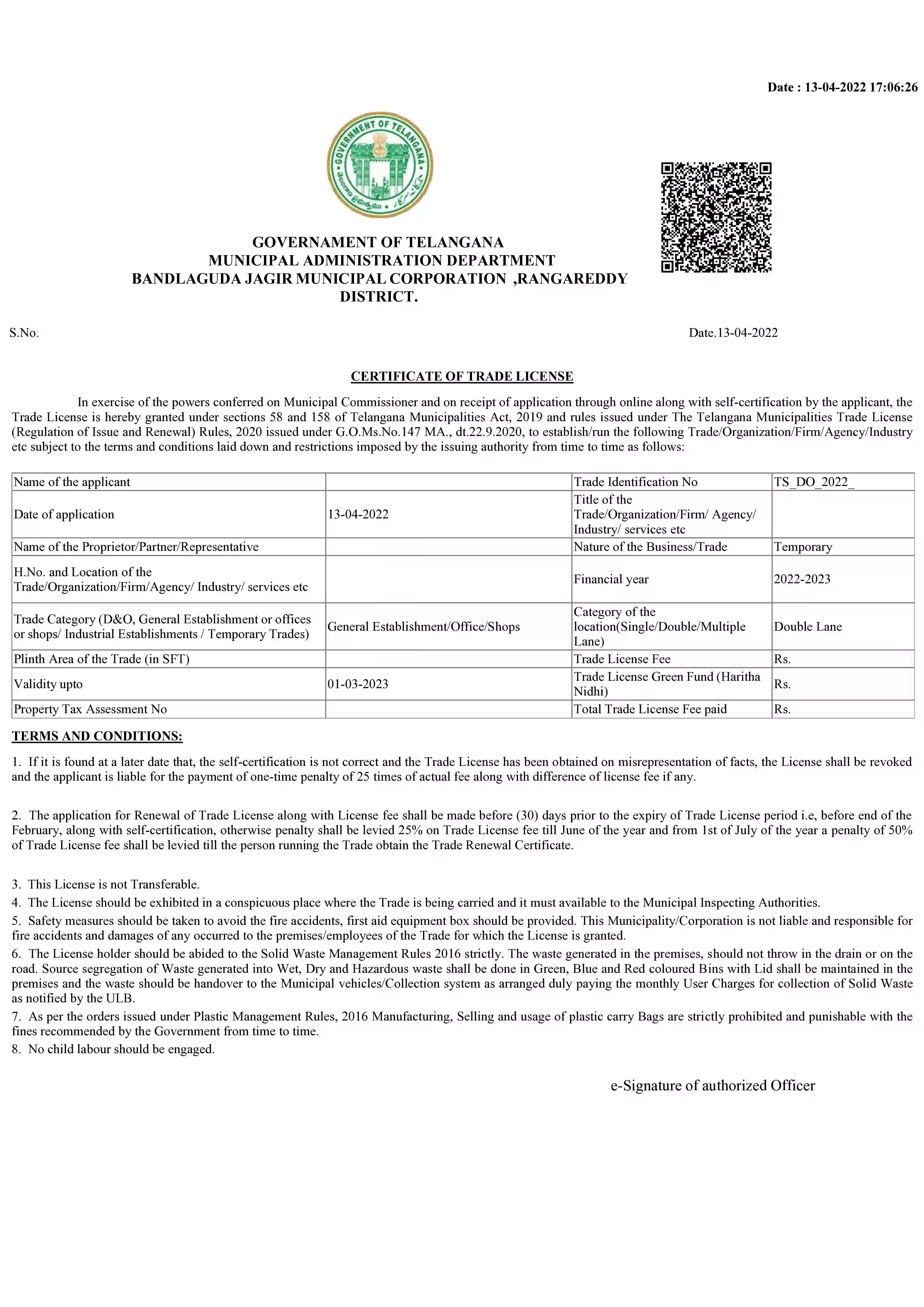 trade licience Certificate
